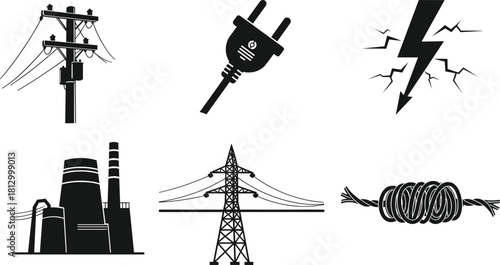 Electric power infrastructure icons featuring utility poles, plug connector, lightning bolt, industrial power plant, transmission tower, and twisted electric cable in bold silhouette style