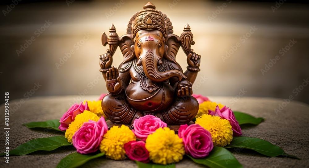 Fototapeta premium The wooden carved Ganesha statue is displayed beautifully, surrounded by neatly arranged pink roses and yellow flowers