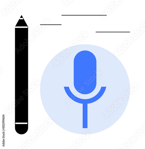 Blue microphone inside a circle and a black pencil, with simple lines suggesting action. Ideal for podcasting, voice technology, creativity, note-taking, audio recording, communication, and content