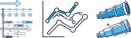 Modern Blue Vector Icons: Process, Data Analysis, and Future Vision