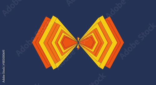 A vibrant, symmetrical abstract design featuring nested geometric shapes in warm orange and yellow hues, creating a dynamic visual against a deep blue background.