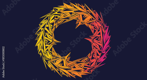 A vibrant abstract circular design features a dynamic gradient of sharp, interconnected shards, transitioning from warm yellow to fiery magenta against a deep background.