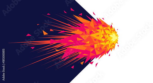An energetic abstract design showcasing a powerful burst of geometric shapes, radiating intense speed and dynamic motion across a striking split-color background.