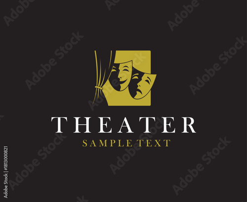 golden icon of comedy and tragedy theatrical masks isolated on black background