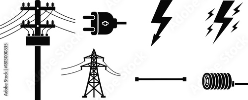 Fotografi Electric power pole, plug connector, high voltage tower, lightning bolt icons, s