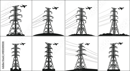 Electric power transmission tower silhouettes with flying airplane, high voltage pylon illustration, energy infrastructure artwork, aviation and electricity landscape design
