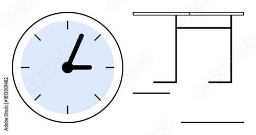 Analog clock with blue dial and minimalist desk structure. Ideal for time management, productivity, workplace, scheduling, deadlines, planning, organization concepts. Modern flat minimal metaphor