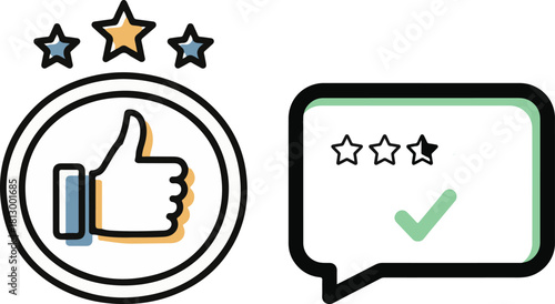 Outlined Icons: Thumbs Up, Star Ratings, Chat Box, and Checkmark