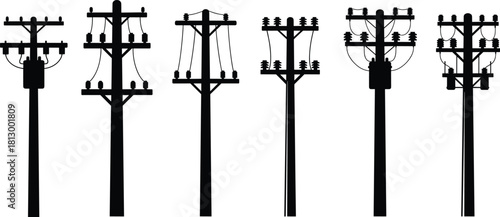 Electric utility pole silhouettes, power distribution post illustration set, energy transmission infrastructure design, overhead wire support structures collection