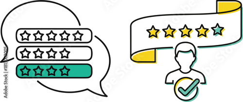Line Art Customer Feedback and Ratings with Stars and User Icon