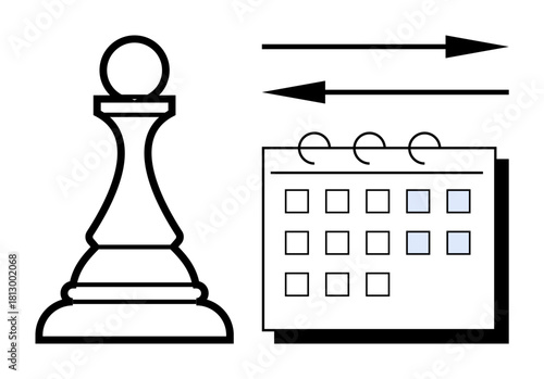 Chess pawn symbolizing strategy, calendar for scheduling, arrows for time progression. Ideal for decision-making, planning, strategy, time management, organization scheduling productivity. Simple