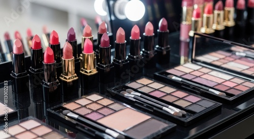 Display of various lipsticks and eyeshadow palettes