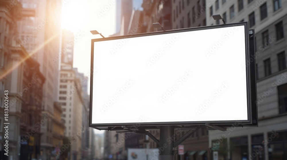 Fototapeta premium Blank billboard mock up in urban setting with sunlight illuminating street, providing ample copy space for advertising and promotional content