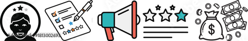 Flat Outline Icons Depicting Customer Feedback, Marketing, and Financial Rewards