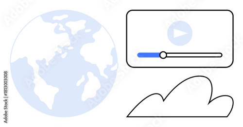 Earth map, video player with progress bar, and cloud shape symbolizing global reach, video streaming, and cloud technology. Ideal for media, connectivity, communication, education technology