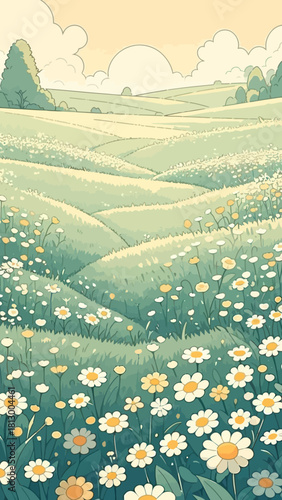 Soft green floral landscape mobile wallpaper with gentle rolling hills and blooming daisies creating a peaceful spring inspired aesthetic phone background