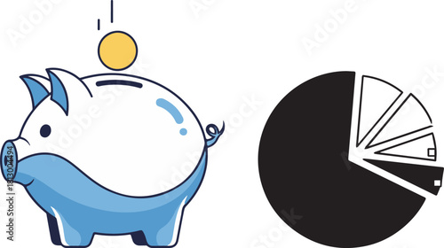 Blue Piggy Bank and Black Pie Chart Vector Illustration