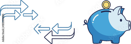 Blue Outline Arrows and Savings Piggy Bank with Coin Illustration