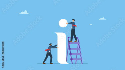 Businessman team help building information symbol. Information center or communication service, providing info, FAQ or question and answer, message or business solution.