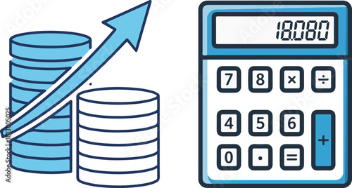 Blue Flat Design Calculator, Coin Stacks, and Growth Arrow