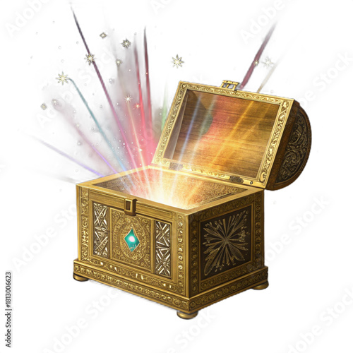 Unlock boundless possibilities with this magical treasure chest overflowing with vibrant, glowing light and sparkling stars, promising discovery and wonder.