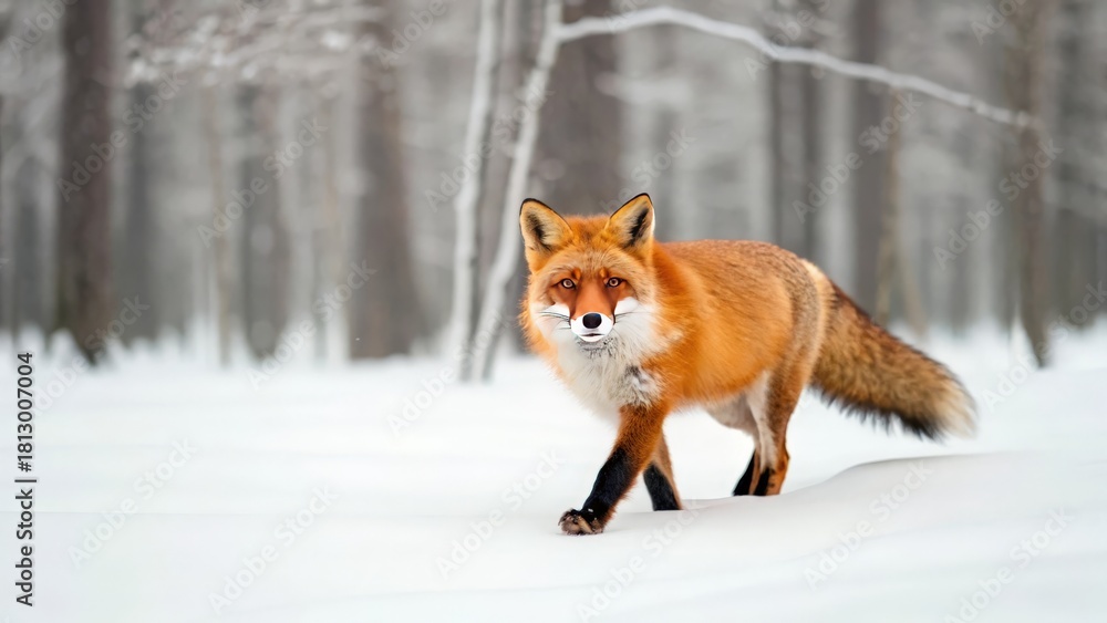 Obraz premium Red Fox Walking Through the Snowy Forest Environment