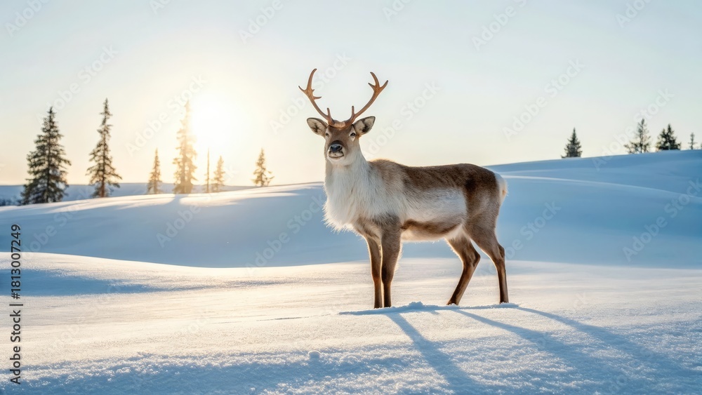 Fototapeta premium Reindeer standing in snow under bright sunlight