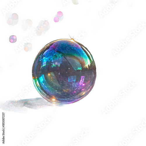 Vibrant iridescent soap bubble floats, reflecting colorful lights and a cityscape, creating pure wonder and magic for any design.