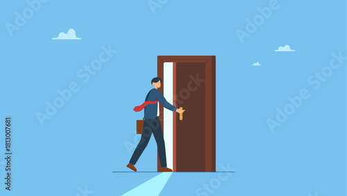 Businessman open the door to see bright light coming in. Open the door to find new opportunity, new job or get out of comfort zone, hope to find success, way to exit, escape to bright future.