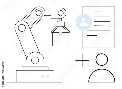 Robotic arm handling task beside a resume and user profile icon plus human figurine. Ideal for hiring, HR technology, AI recruitment, automation, process efficiency, workforce, simple flat metaphor