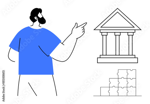 Institutional framework. A man in blue gestures towards a building an institution with puzzle pieces organization. Institutional framework supports clarity in governance, learning, or systems