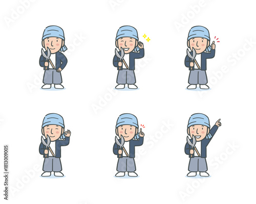 はさみを持った庭師の全身表情ポーズセット