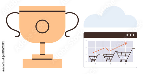 Trophy and rising cart graph on a browser window under a cloud, symbolizing business growth, e-commerce success, and achievements. Ideal for progress, sales, goals, competition, strategy marketing