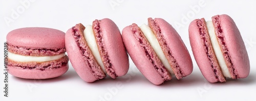 Wallpaper Mural Close up of pink macarons with cream and raspberry filling on white background Torontodigital.ca
