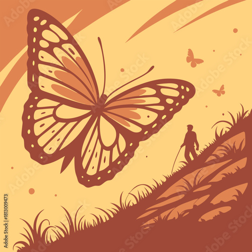 Giant Monarch Butterfly Over Hiker on Hillside insect