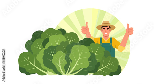 Happy Farmer Showing Thumbs Up Next To A Freshly Harvested Vegetable Crop