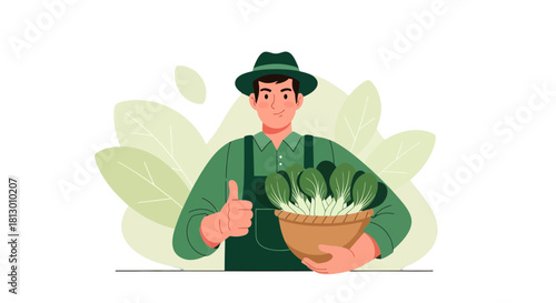Happy Farmer Showing Ok Sign While Holding Basket Of Freshly Harvested Produce