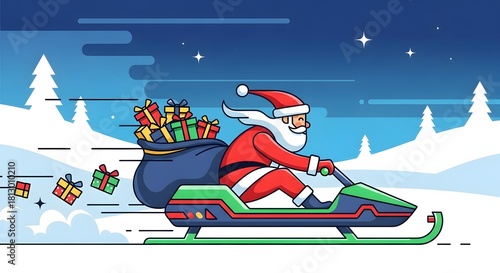 Cartoon Santa Claus riding a futuristic snowmobile with a sack full of gifts in a snowy winter landscape at night.