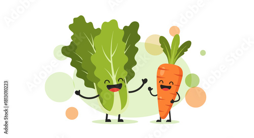 Friendly Vegetables: A Charming Cartoon Depicting Lettuce and Carrot Characters