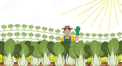 Happy Farmer waving amidst a lush Bok Choy farm under bright sunlight
