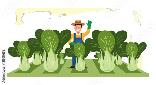 Happy Farmer Welcoming Visitors to His Lush Bok Choy Vegetable Garden