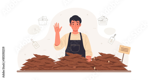 Friendly Vendor Welcoming Customers at a Fresh Produce Market Stall Illustration