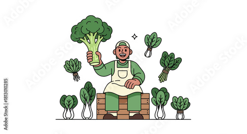 Happy Farmer With A Large Broccoli Amongst Spinach Vegetables Harvesting Fresh Produce
