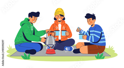 Friends Camping Together Preparing Hot Beverage At Sunset Or Dusk In Nature