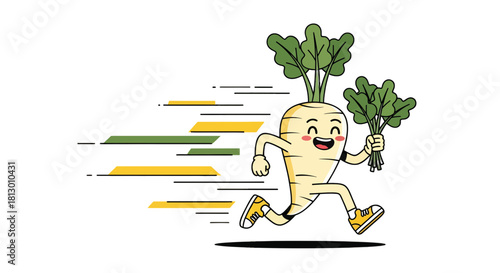 Happy Root Vegetable Running Expressively Towards a Healthy Lifestyle in an Artistic Scene