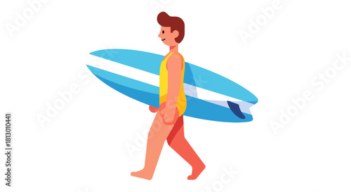Happy Surfer Walks On Beach With His Surfboard, Ready To Ride The Waves