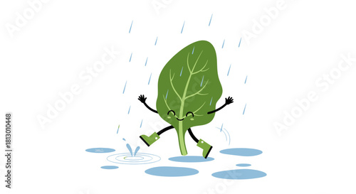 Happy Spinach Leaf Joyfully Dancing in Puddles During a Delightful Rainy Day