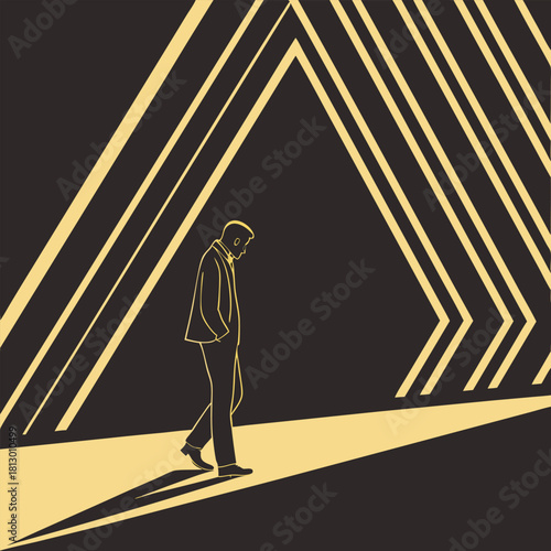 Man in suit walking through abstract geometric tunnel