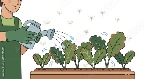 Gardener Nurturing Greenery, Illustrating Growth with Freshness, Cultivating Plant Life Successfully
