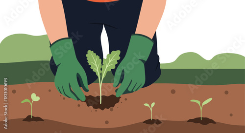 Gardener Planting A Sapling Illustrating Cultivation in Rural Fields And Agriculture